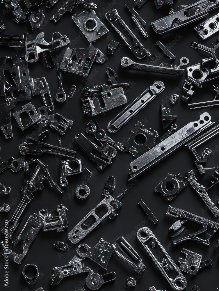 Fototapeta premium Assorted Mechanical Parts Top View in Knolling Arrangement on Black Background