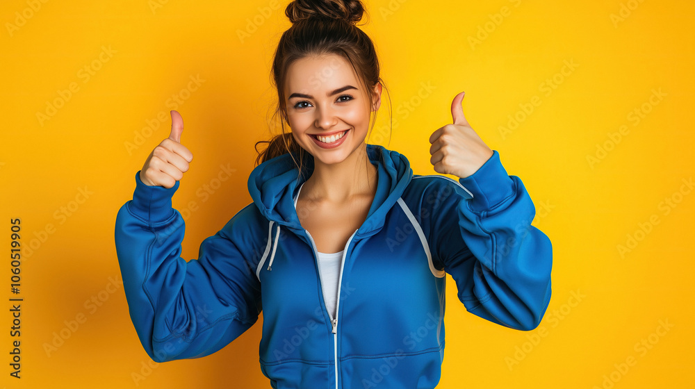 Sporty athletic fitness trainer instructor woman wear blue tracksuit isolated on yellow background. Sporty athletic fitness trainer instructor woman wear blue tracksuit isolated on yellow background.
