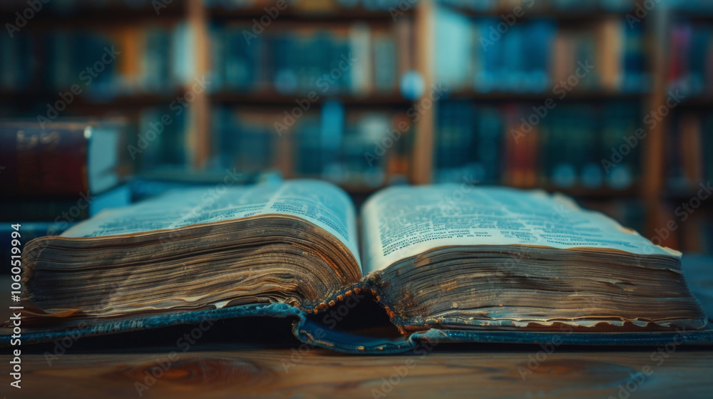 Fototapeta premium macro shot of well worn textbook opened on wooden table, surrounded by shelves filled with books, evokes sense of knowledge and history