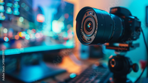 macro shot of camera lens focused on computer monitor, showcasing vibrant bokeh lights in background. scene conveys sense of creativity and technology