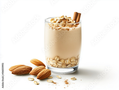 Healthy Almond Milk Smoothie Topped with Crushed Nuts, Oatmeal and Cinnamon Stick on a White Background - Nutritious Vegan Beverage Concept photo