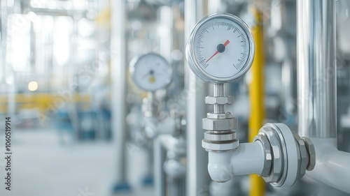 Closeup of valves and gauges in a refinery s pressure control system, regulating oil flow   pressure control, refinery technology, industrial process photo