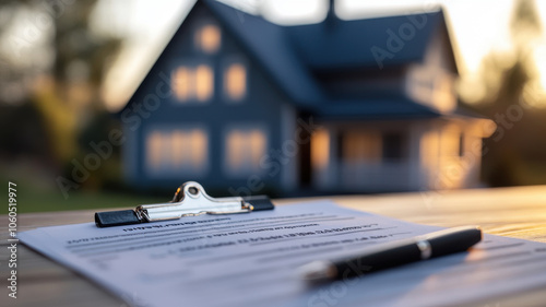 close up of property loan term sheet with pen, set against blurred house background. image conveys sense of financial planning and homeownership photo