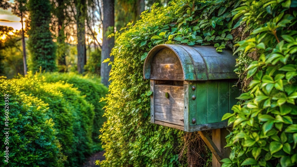 A weathered green mailbox nestled within a verdant thicket, bathed in the soft glow of a setting sun.