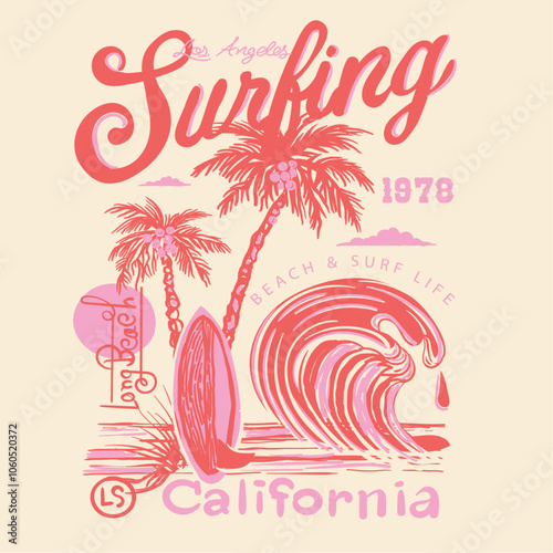 Girls Summer Graphic design. women's color hand drawn t-shirt print. long beach in California hand writing text font. surfing under the big waves .