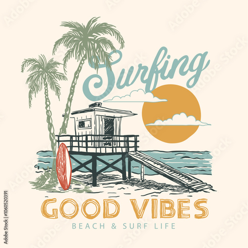 Wallpaper Mural Surfing hand drawn beach drawing. summer tropical illustration. sunset summer print t shirt design. surfboard stand with palm tree Torontodigital.ca