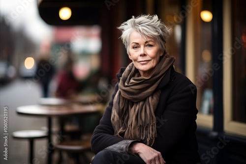 Portrait of a senior woman sitting in a cafe on the street