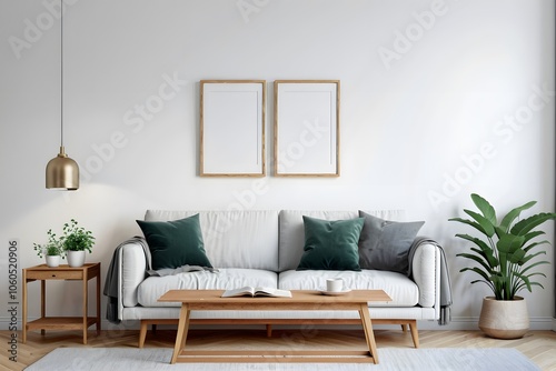 Modern Scandinavian living room with empty mock-up frame, sofa, table, and wooden shelf.