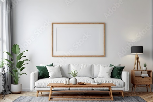 Modern Scandinavian living room with empty mock-up frame, sofa, table, and wooden shelf.