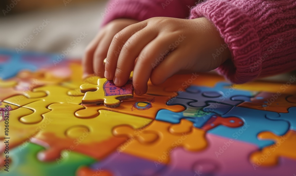 A close-up image of a child's hand placing the final piece into a brightly colored puzzle A close-up image of a child's hand placing the final piece into a brightly colored puzzle