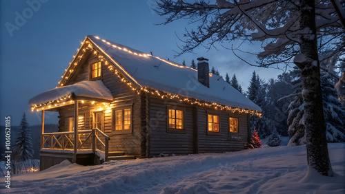 A Cozy Cabin Bathed in Warm Light, Set Against a Snow-Covered Winter Landscape, With Twinkling Lights Adorning the Roof