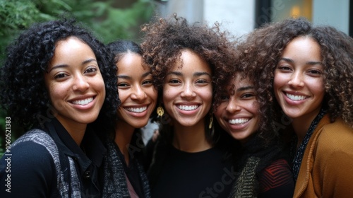 Group of five smiling friends enjoying a joyful moment outdoors