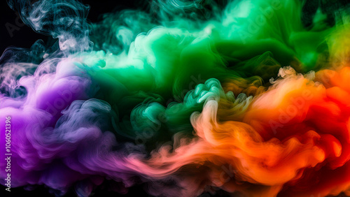 Thick smoke of purple, orange and green colors, mixing, create a gradient on a dark background.