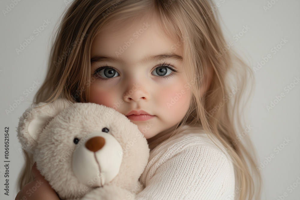 Beautifully Innocent Expression of a Little Girl Holding Her Plush Toy Close, With Ample Copyspace Beautifully Innocent Expression of a Little Girl Holding Her Plush Toy Close, With Ample Copyspace