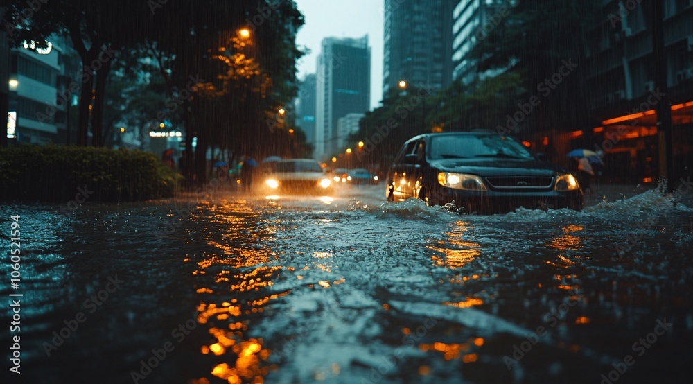 Cars navigating through heavy rain on a flooded road during a late afternoon in an urban setting Cars navigating through heavy rain on a flooded road during a late afternoon in an urban setting