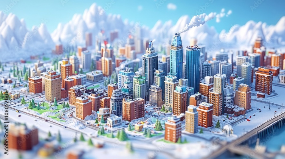 Naklejka premium Colorful 3D Animated Cityscape with Tall Buildings
