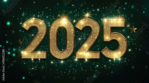 Bright Festive Gold 2025 on Emerald Background