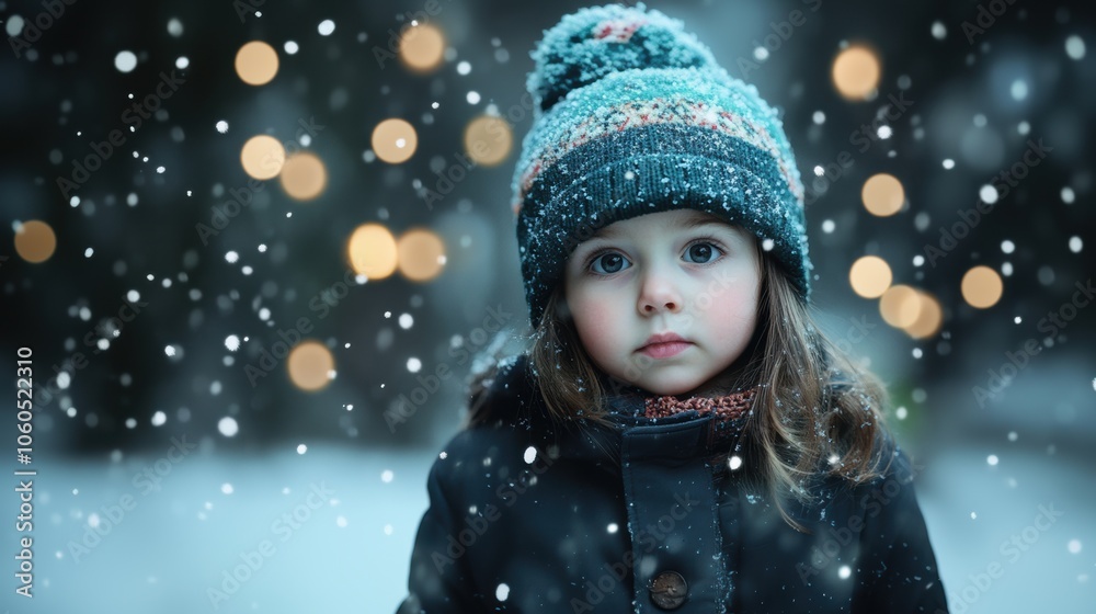 Young child with blue hat standing in falling snow during winter Young child with blue hat standing in falling snow during winter