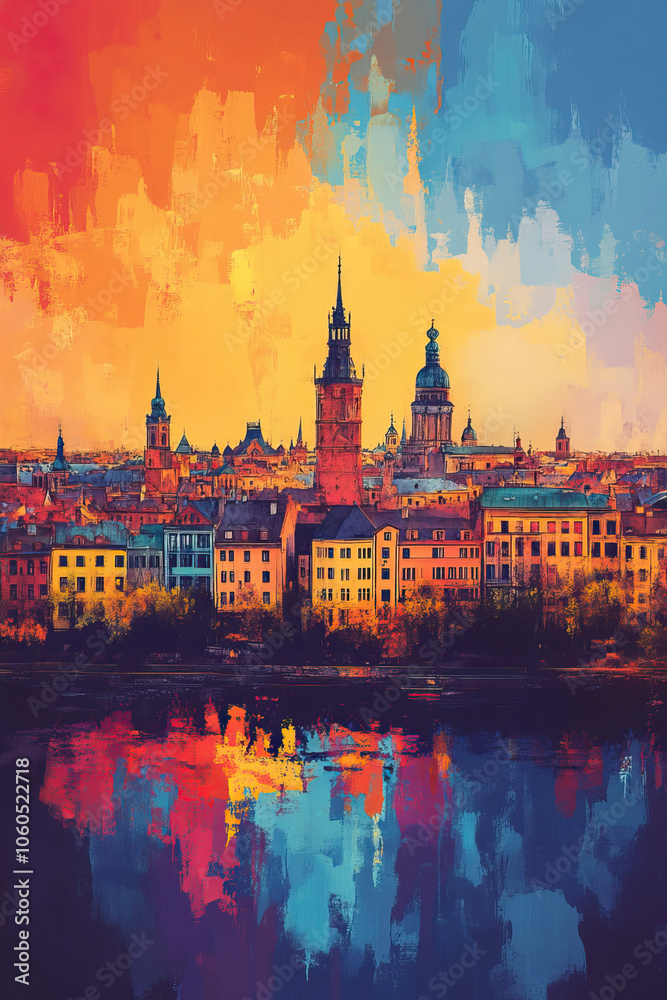 Obraz premium Riga, Latvia, Pop Art style theme print. Cityscape, city skyline.Vibrant, bright, modern, trendy, graphic designed for poster, card, wallpaper