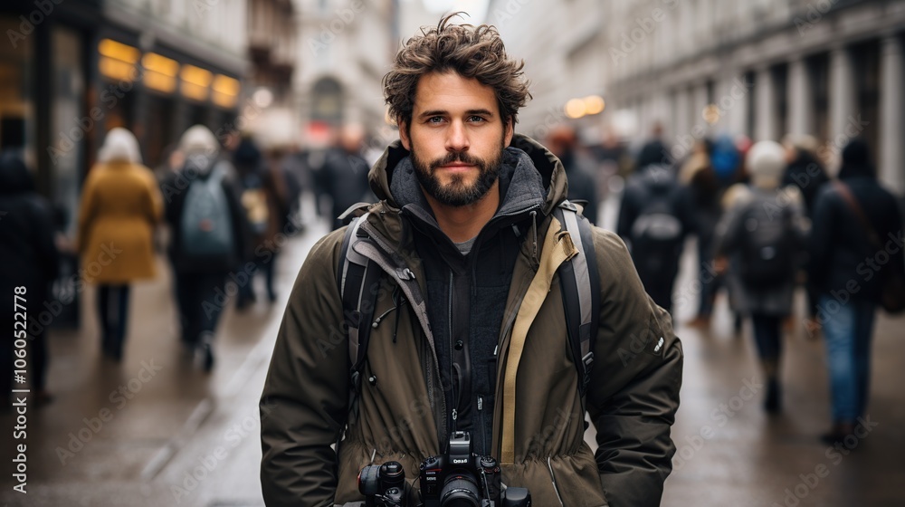 A young man with a beard and a camera stands in the middle of a busy city street. A young man with a beard and a camera stands in the middle of a busy city street.