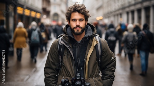 A young man with a beard and a camera stands in the middle of a busy city street.