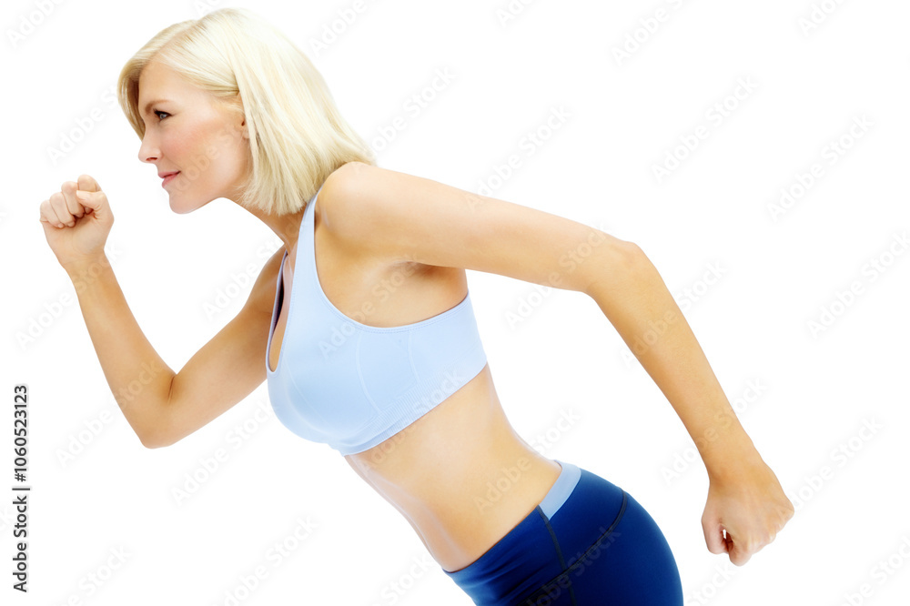 Woman, challenge and runner cardio in studio, fitness and strong athlete on white background. Female person, confident exercise and sports workout in profile, performance and training for marathon Woman, challenge and runner cardio in studio, fitness and strong athlete on white background. Female person, confident exercise and sports workout in profile, performance and training for marathon