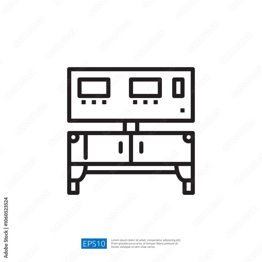 A simple line drawing of a display cabinet featuring two screens on top, suggesting a functional piece of furniture for showcasing items or information. A simple line drawing of a display cabinet featuring two screens on top, suggesting a functional piece of furniture for showcasing items or information.