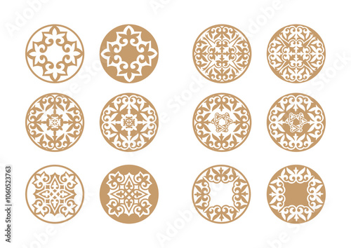Vector Asian Set of different gold ornaments isolated on a white background. National gold pattern of the ancient nomads. National Gold Asian decor for plate, textile, medallions, print design.