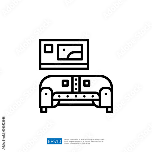 A minimalist illustration of a sofa with a picture frame above it, representing a cozy living space.