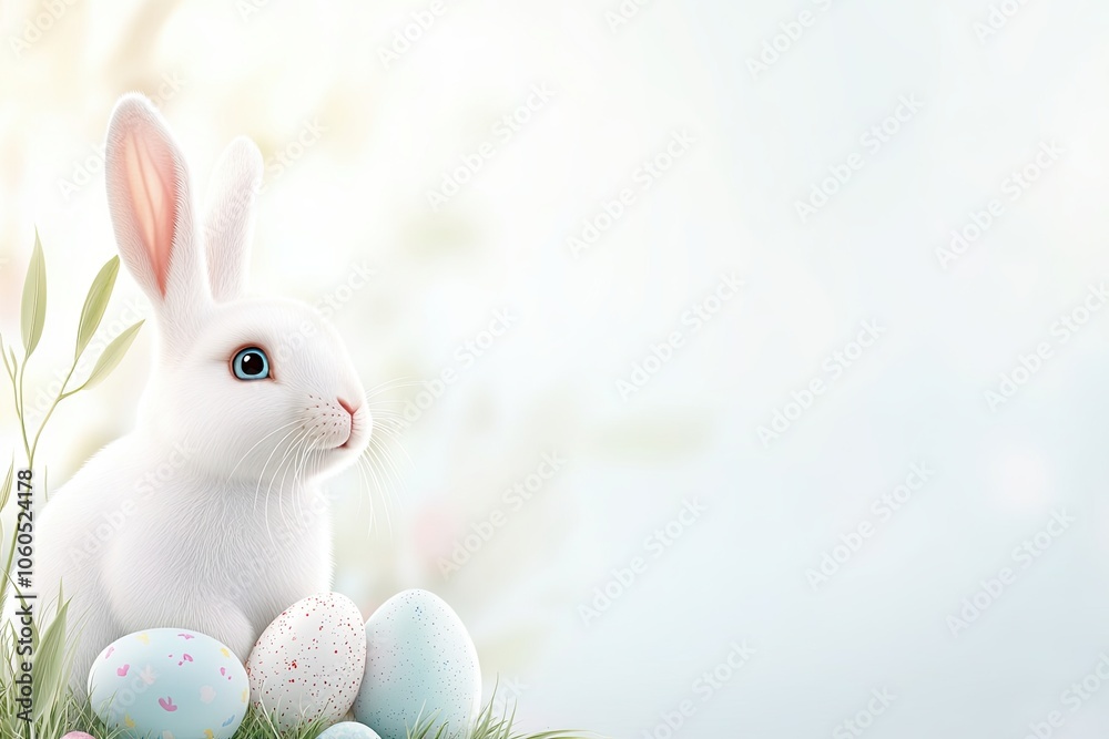 Fototapeta premium Delightful Easter Bunny Amidst Colorful Eggs on a Sunny Meadow With Space for Joyful Greetings