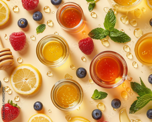 Fresh fruits and honey arranged beautifully on light background, featuring vibrant colors and textures. This flatlay showcases lemons, berries, and refreshing mint, evoking sense of summer delight