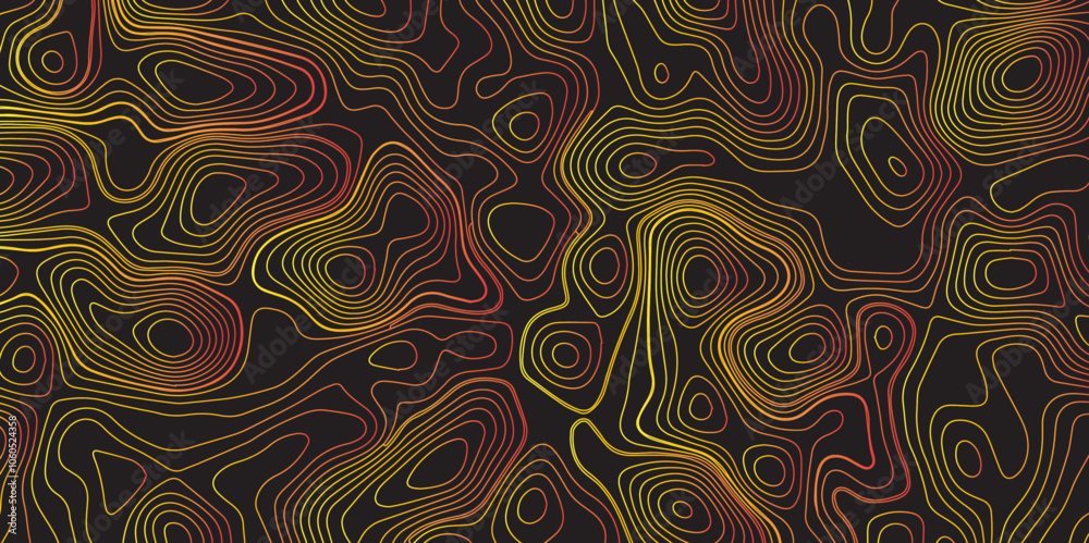 Abstract gradient multicolor on black background with Topographic line map pattern, Topographic map lines, contour background, wavy and curved lines background, Geographic map. Abstract gradient multicolor on black background with Topographic line map pattern, Topographic map lines, contour background, wavy and curved lines background, Geographic map.