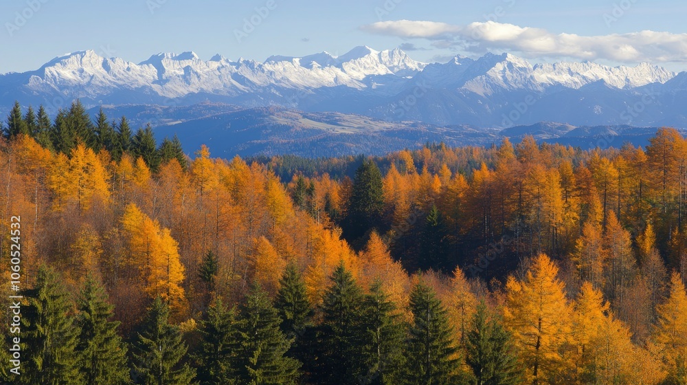 View on the mountains with colorful larch trees in autumn colours in the foreground (Alps, Slovenia, Europe) View on the mountains with colorful larch trees in autumn colours in the foreground (Alps, Slovenia, Europe)