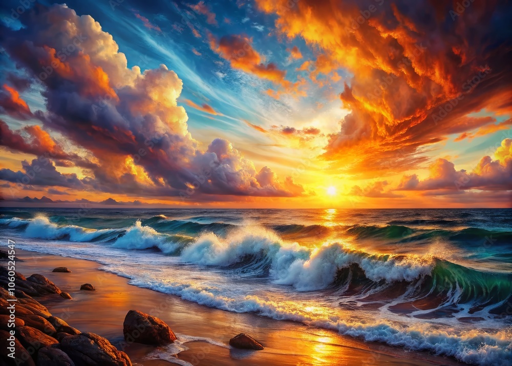Dramatic Sunset Over Seascape - High-Definition Drone Photography of Waves and Sky Bathed in Warm, Rich Colors Dramatic Sunset Over Seascape - High-Definition Drone Photography of Waves and Sky Bathed in Warm, Rich Colors