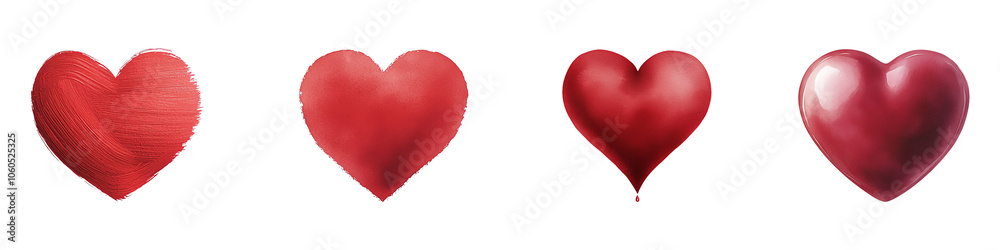 Four red hearts with various shades, white isolate background. transparent background Four red hearts with various shades, white isolate background. transparent background