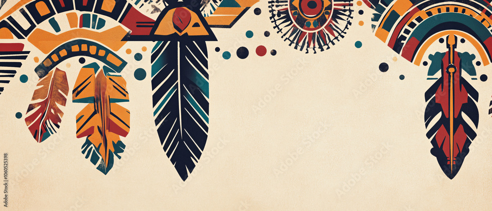 Obraz premium Colorful Abstract Feathers and Geometric Patterns on Beige Background, Colorful Abstract Feathers and Geometric Patterns on Beige Backg
