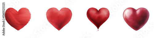 Four red hearts with various shades, white isolate background. transparent background