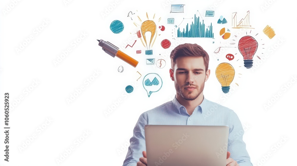 Creative Character with Laptop and Ideas Above Head Creative Character with Laptop and Ideas Above Head