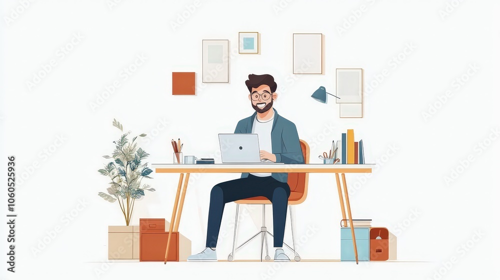 Character Working at Desk in Minimalist Office Setting Character Working at Desk in Minimalist Office Setting