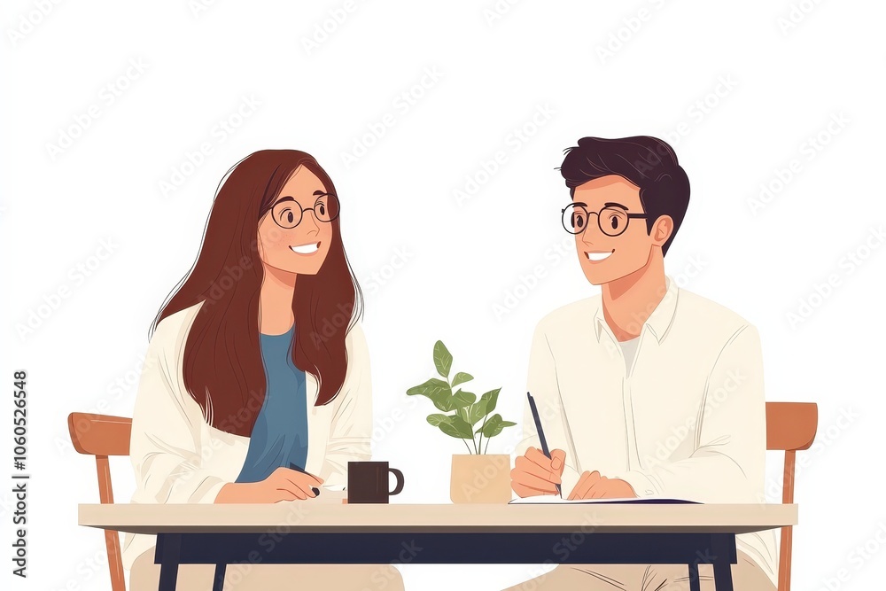 Happy Characters at a Table with Plant and Mug Happy Characters at a Table with Plant and Mug