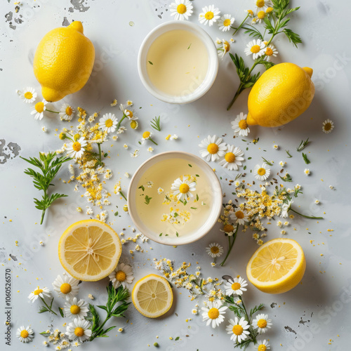 Refreshing lemon and chamomile arrangement with vibrant flowers and citrus. bright colors and natural elements create cheerful and inviting atmosphere