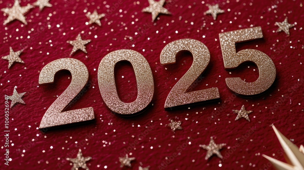Golden 2025 Against Deep Red Starry Background Golden 2025 Against Deep Red Starry Background