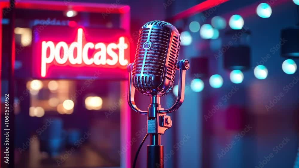 Close-up of a vintage microphone in a recording studio with neon lights and a blurred background. Seamless looping video background animation. Generated with AI
