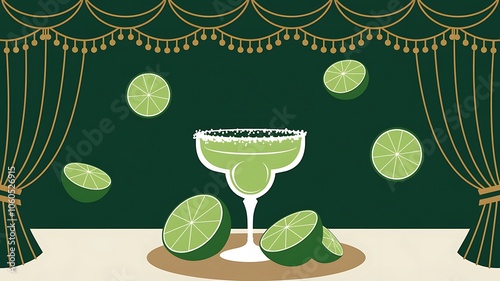 A Salted Margarita Cocktail with Lime Slices Against a Green and Gold Backdrop photo