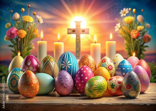Easter Celebration - Colorful Easter Eggs, Church Crosses, and Candles Silhouette Collection for Spring Festivities and Religious Observance