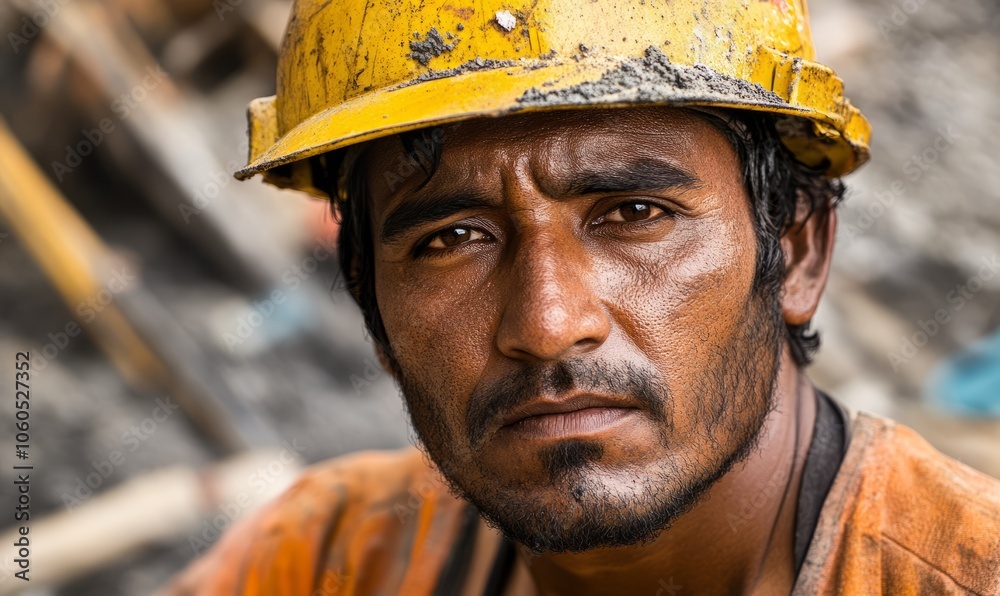A close-up of a construction worker's face showing the effects of hard work and determination A close-up of a construction worker's face showing the effects of hard work and determination