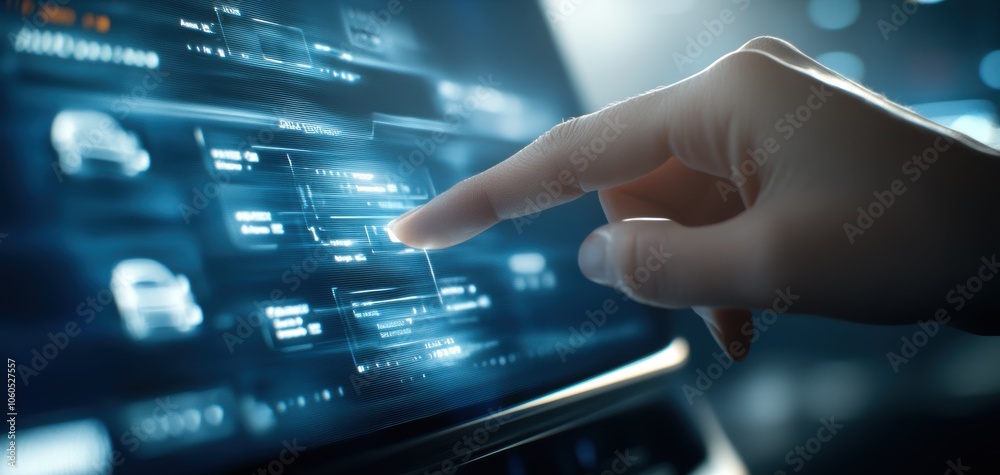 A close-up of a hand interacting with a futuristic touchscreen interface, showcasing technology and innovation in digital communication. A close-up of a hand interacting with a futuristic touchscreen interface, showcasing technology and innovation in digital communication.