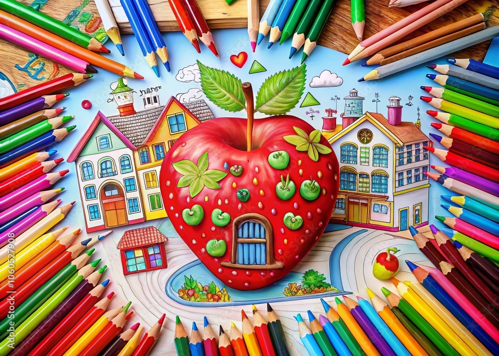 Naklejka premium Educational Coloring Book Elements: Apple and Strawberry Illustrations for Children's Learning and Creativity