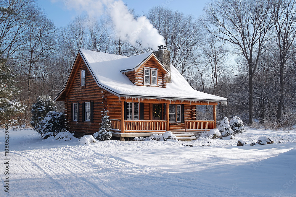 A cozy log cabin surrounded by snow and trees with smoke rising from the chimney in a serene winter landscape A cozy log cabin surrounded by snow and trees with smoke rising from the chimney in a serene winter landscape