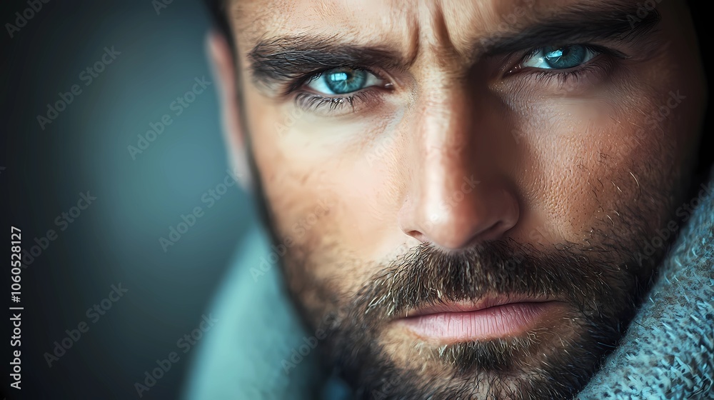 Obraz premium Color close-up portrait showing the intense, reflective gaze of a man with striking blue eyes.